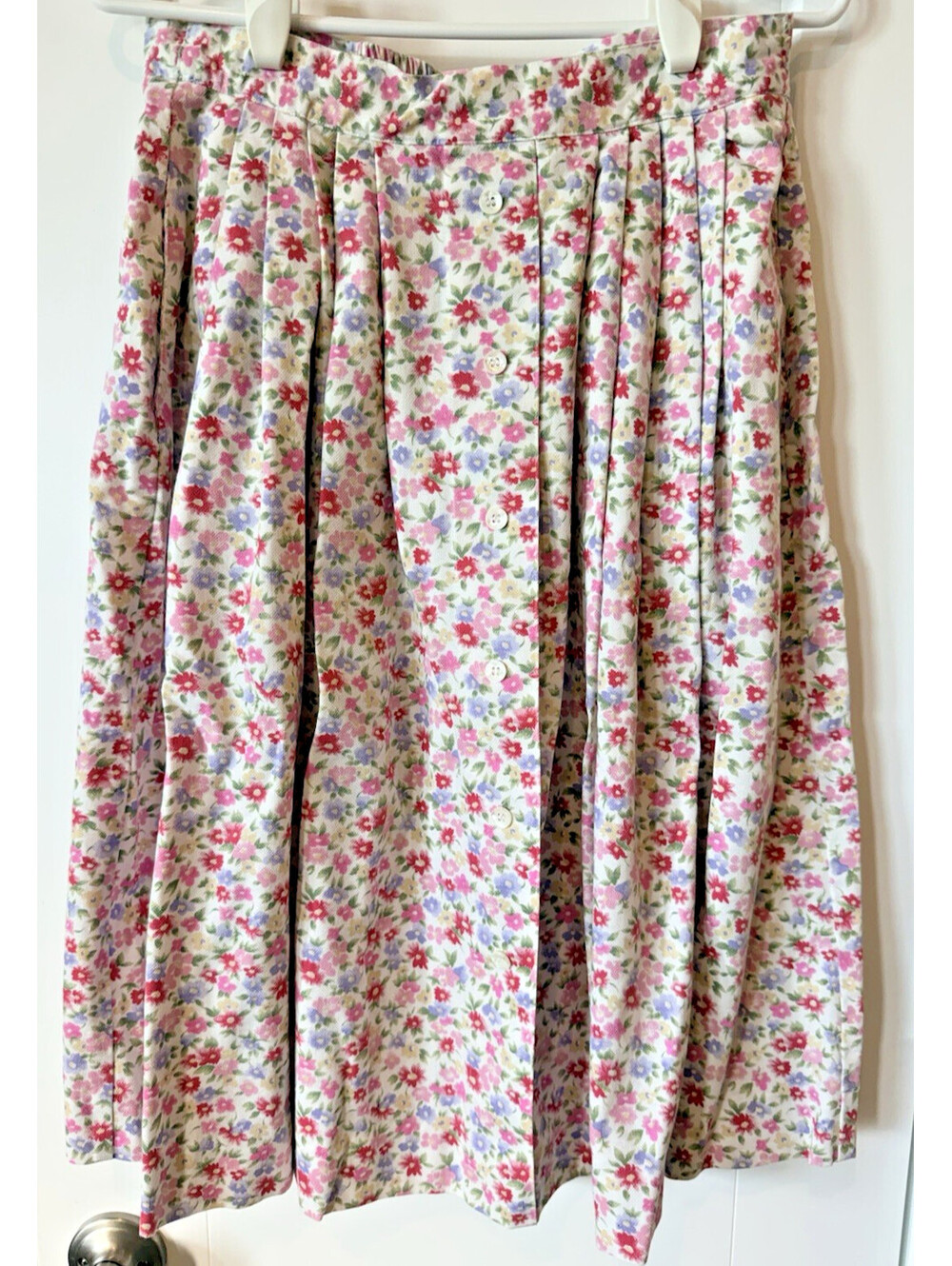 Vtg Pink Floral Cottagecore Pleated Midi Skirt Size 8P Pockets 100% Cotton